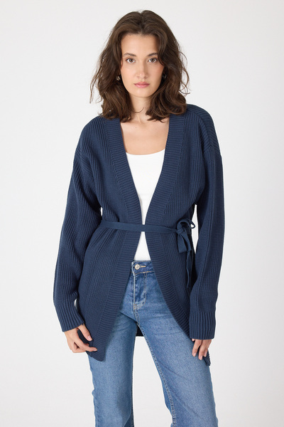 Rays 6905 Cardigan lung cu curea în talie, bleumarin