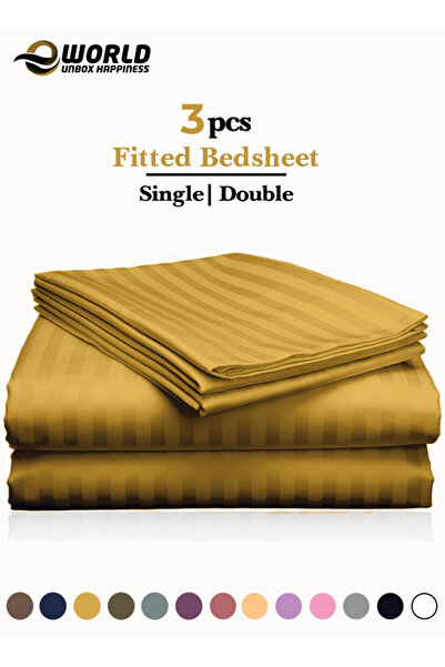 Eworld 3 Piece Gold Striped Cotton Single Bed Sheet Set – Fitted Sheet & 2 Pillowcases