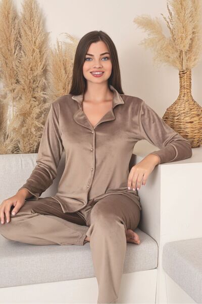 Asel Boydan Düğmeli Kadın Kadife Pijama Takımı
