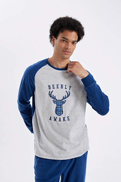 DeFacto Σετ πιτζάμες Regular Fit Fleece με εμπριμέ μακρυμάνικο μπλουζάκι μακρύ κάτω μέρος C6100AX24WN