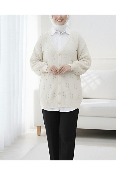 Modamorfo Buttoned Openwork Araboy Knitwear Cardigan - Cream Color