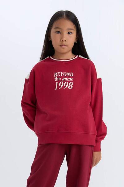 DeFacto Kız Çocuk Relax Fit Bisiklet Yaka Baskılı İçi Yumuşak Tüylü Okul Sweatshirt D4274A824WN