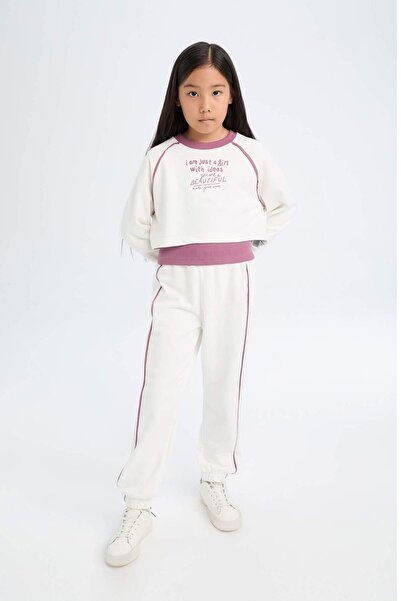 DeFacto Set 3 piese pentru fete, hanorac crop imprimat cu decolteu, atlet de bază, talie elastică, trening Jogger A