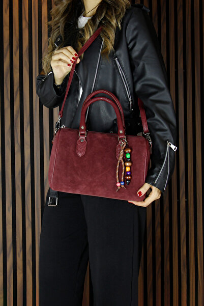 Erkan Saçmacı Burgundy Genuine Cowhide Suede Daily Large Size Shoulder Bag with Zippered Inner Pocket and Beaded Accessories