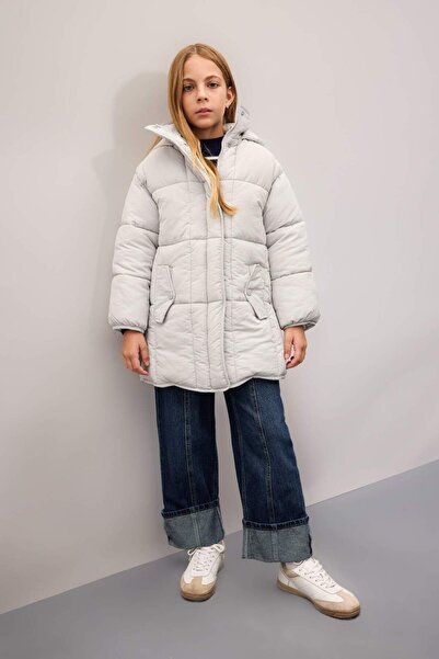 DeFacto Girls' Waterproof Hooded Lightweight Long Puffer Coat Parka with Zipper Pockets C9026A824Au