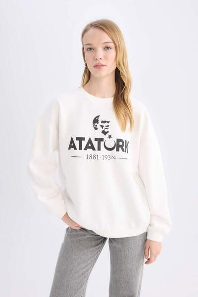 DeFacto Oversize Geniş Kalıp Bisiklet Yaka Atatürk Baskılı Sweatshirt E5447AX24WN