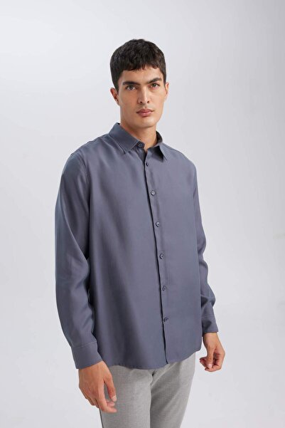 DeFacto Relax Fit Polo Yaka Twill Modal Karışımlı Basic Düz Uzun Kollu Gömlek D3376AX24AU