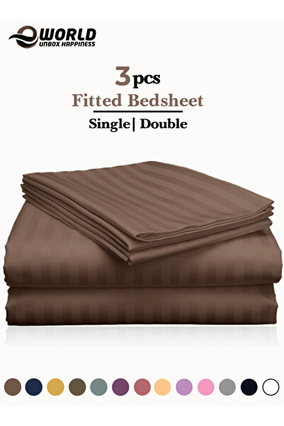Eworld 3 Piece Brown Striped Cotton Single Bed Sheet Set – Fitted Sheet & 2 Pillowcases