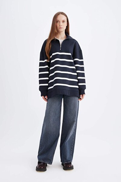 DeFacto Relax Fit Polo Yaka Çizgili İçi Yumuşak Tüylü Kalın Sweatshirt Tunik D9136AX24WN
