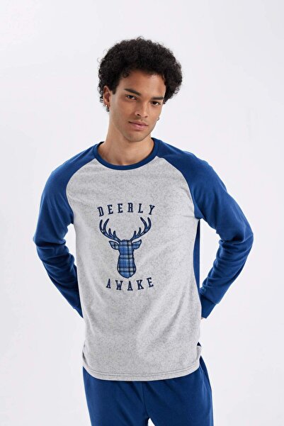 DeFacto Σετ πιτζάμες Regular Fit Fleece με εμπριμέ μακρυμάνικο μπλουζάκι μακρύ κάτω μέρος C6100AX24WN