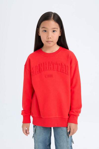 DeFacto Girl's Red Crew Neck Printed Sweatshirt D6627A824Au