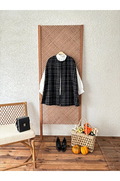 KÜÇÜĞÜM BUTİK Γυναικείο Tweed Poncho Oversize Μαύρο Χρώμα