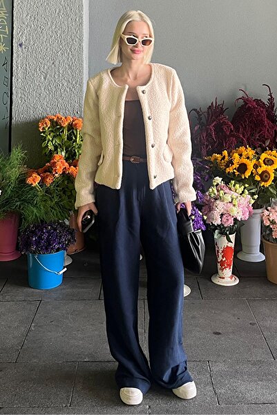 Madmext Bej Düğmeli Buklet Triko Cep Detaylı Ceket MG2170