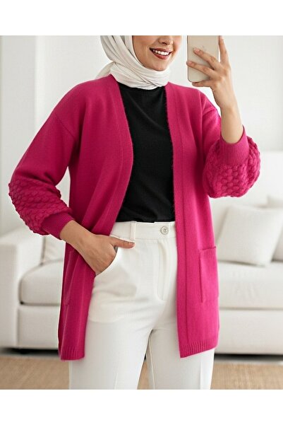 Modamorfo Balloon Sleeve Pompom Pocket Cardigan - Fuchsia