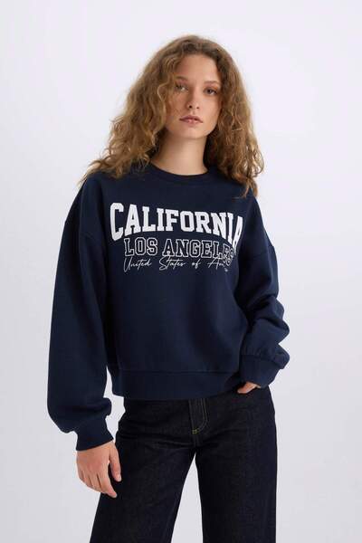 DeFacto Loose Fit Bisiklet Yaka Baskılı Kalın Sweatshirt E3390AXNS