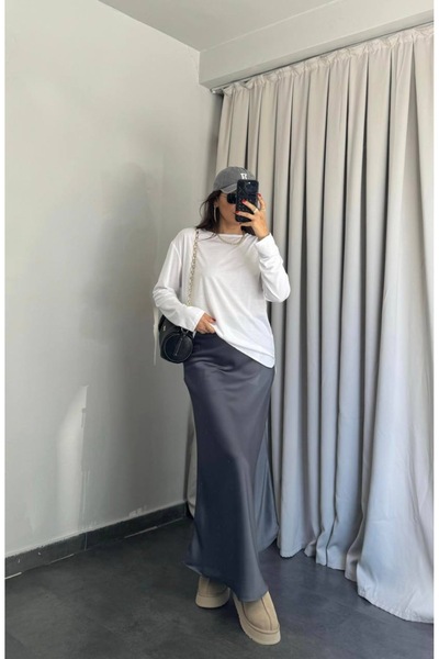 Mzr Collection Kadın Antrasit Uzun Maxi Boy Saten Etek