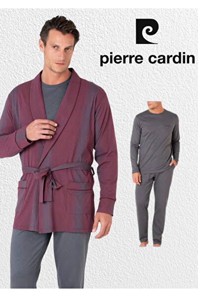 Pierre Cardin Erkek Giyim Kutulu 3 Parça %100 Pamuklu Robdöşambır & Uzun Kollu Pijama Takımı Set (Çorap Hediyeli)