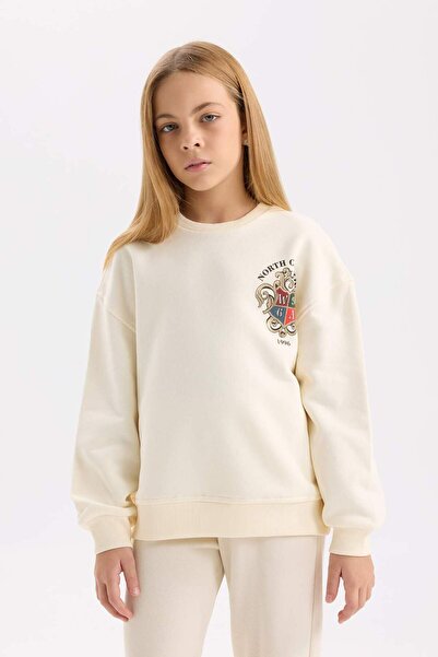 DeFacto Kız Çocuk Relax Fit Bisiklet Yaka Baskılı İçi Yumuşak Tüylü Okul Sweatshirt D4272A824WN