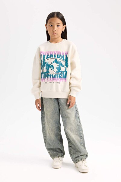 DeFacto Kız Çocuk Relax Fit Bisiklet Yaka Baskılı Sweatshirt D7055A824WN