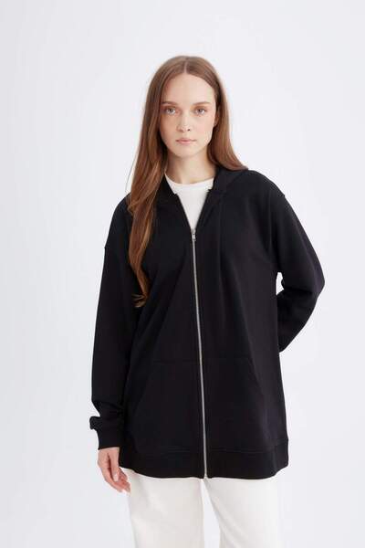 DeFacto Φούτερ με κουκούλα Basic Plain Inside Soft Shaggy Χοντρό φερμουάρ D1606AX24AU