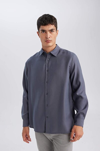 DeFacto Relax Fit Polo Yaka Twill Modal Karışımlı Basic Düz Uzun Kollu Gömlek D3376AX24AU