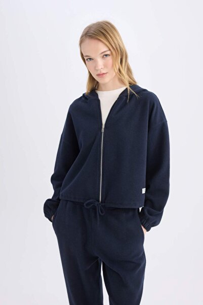DeFacto Coool Loose Fit Basic Düz Kapüşonlu Fermuarlı Sweatshirt  E1464AX24WN