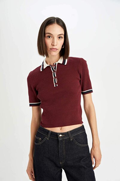 DeFacto Regular Fit Button Polo Neck Short Sleeve Burgundy Knitwear Sweater D4233Ax24Au