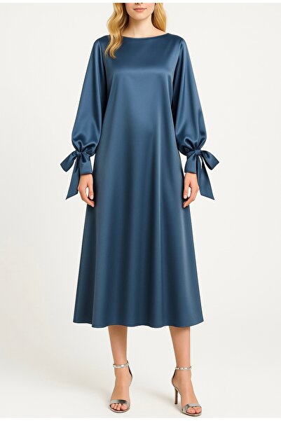 MERT ERKAN Midi Satin Loose/A-Line Dress with Sleeve Tie Detail