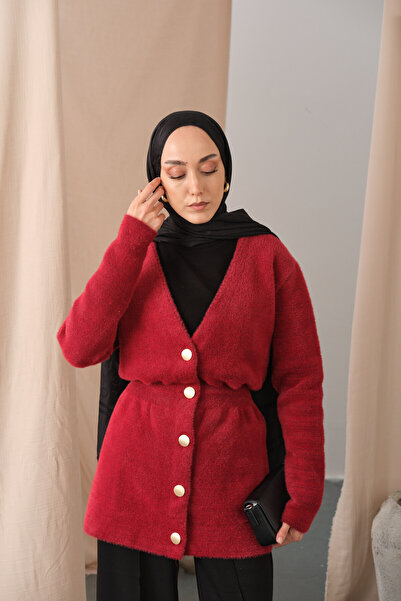 LOCCO Women's Gold Button Detail Cardigan Red