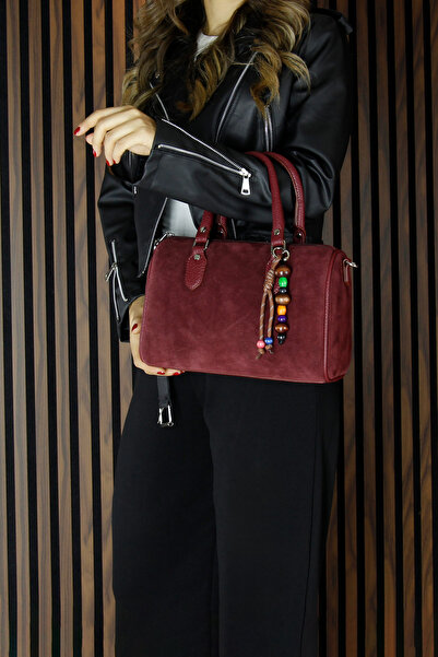 Erkan Saçmacı Burgundy Genuine Cowhide Suede Daily Large Size Shoulder Bag with Zippered Inner Pocket and Beaded Accessories