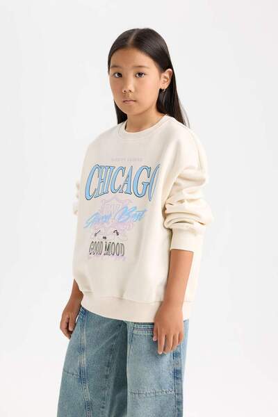 DeFacto Kız Çocuk Relax Fit Bisiklet Yaka Baskılı Sweatshirt D7046A824WN