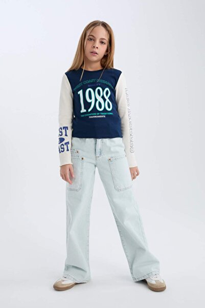 DeFacto Girls' Crop Crew Neck Printed Ribbed Camisole Long Sleeve T-Shirt D3433A824Wn