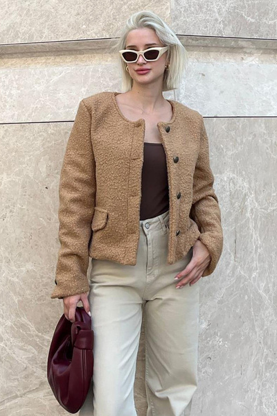 Madmext Плетено яке от норка - Закопчава се с копчета, джоб с букле, MG2170