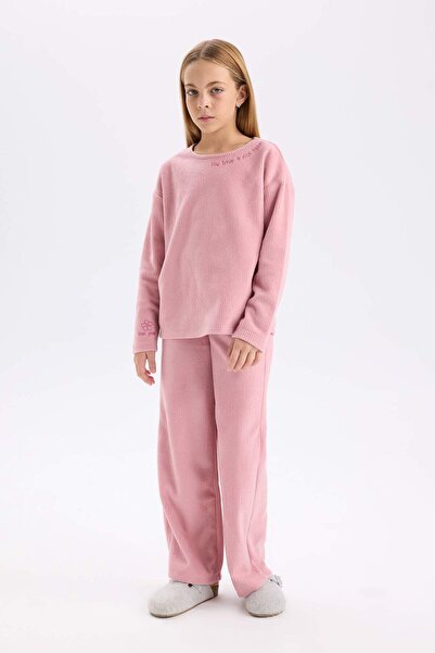 DeFacto Girl's Pajama Set - Plush Long Sleeve, Elastic Waist, Wide Leg A9859A824Wn
