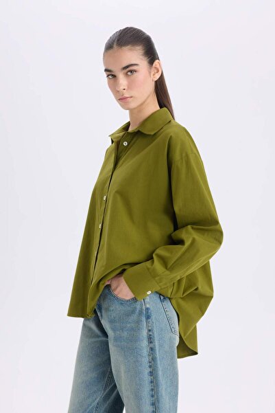 DeFacto Oversize Geniş Kalıp Poplin Basic Düz Uzun Kollu Gömlek E2677AX24WN