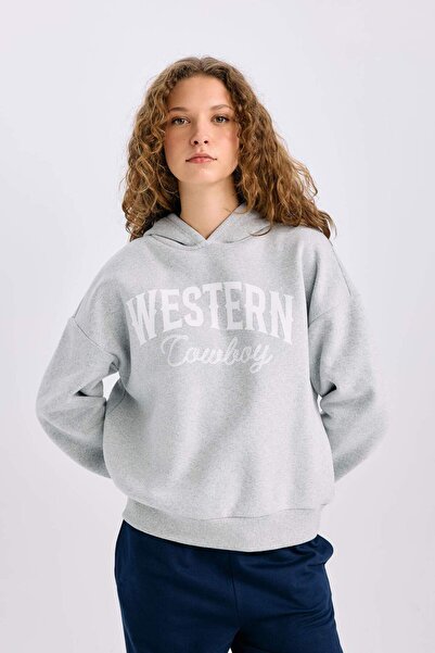 DeFacto Oversize Geniş Kalıp Kapüşonlu Baskılı Kalın Sweatshirt E3658AXNS