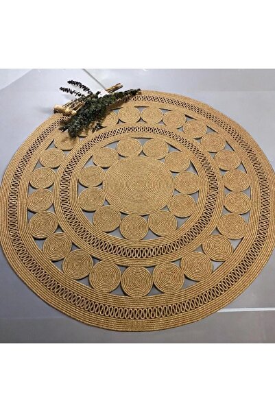 ModaCardin jüt Hasır görünümlü Desenli Modern El Örgüsü daire Halı Kilim