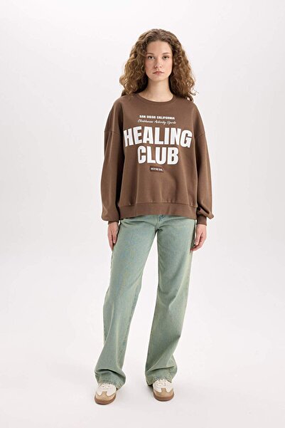 DeFacto Loose Fit Bisiklet Yaka Baskılı Kalın Sweatshirt D8528AX24WN