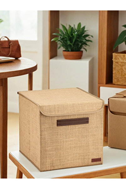 PH Prendi Home صندوق غطاء بمقبض جلدي من قماش الجوت مقاس 30x30x30