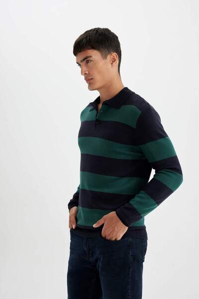 DeFacto Светр-пуловер в смужку з коміром-поло в стилі Regular Fit Y4194AZ24WN