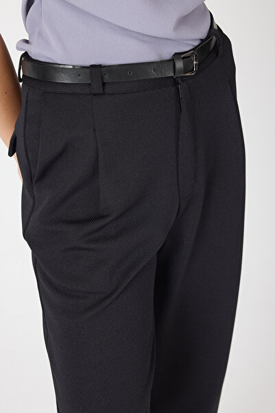 Rays Black Pleated Belted Women's Fabric Trousers 8120A