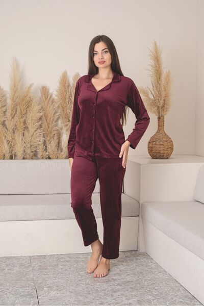 Asel Boydan Düğmeli Kadın Kadife Pijama Takımı