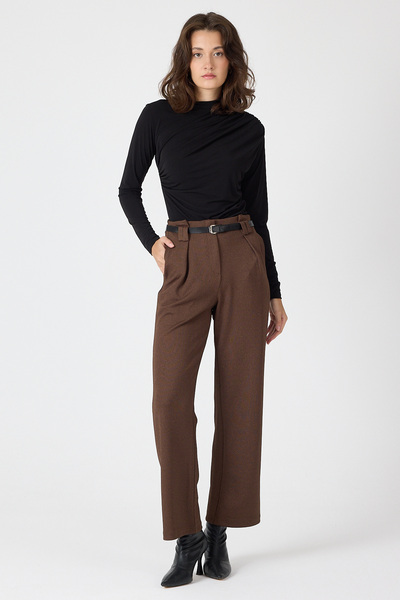 Rays Kahve Pileli Kemerli Kadın Kumaş Pantolon 8119A