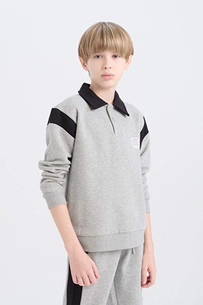 DeFacto Erkek Çocuk 2'li Takım Polo Yaka Baskılı Sweatshirt Beli Paçası Lastikli Eşofman Altı D3558A824WN