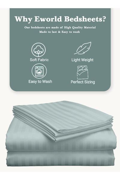 Eworld 3 Piece Pastel Green Striped Cotton Single Bed Sheet Set – Fitted Sheet & 2 Pillowcases