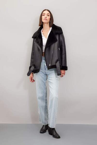 DeFacto Plush Lined Zip-Up Double Breasted Lapel Coat - Pocket and Belt, Seasonal C9672Ax24Wn