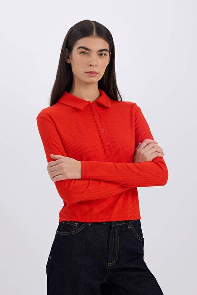 DeFacto Slim Fit Dar Kesim Polo Yaka Fitilli Kaşkorse Uzun Kollu Tişört D8720AX24AU