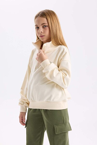 DeFacto Kız Çocuk Relax Fit Dik Yaka Yarım Fermuarlı Baskılı Sweatshirt D0620A824AU