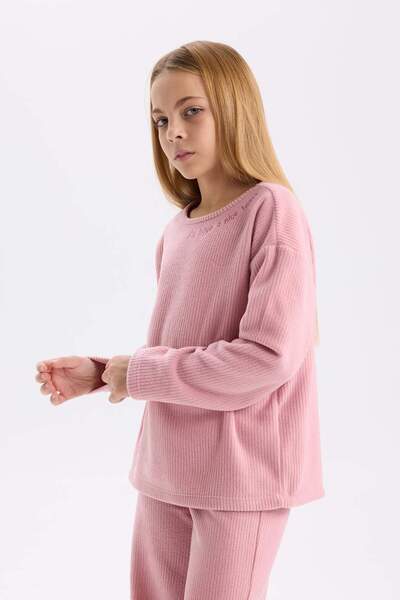 DeFacto Girl's Pajama Set - Plush Long Sleeve, Elastic Waist, Wide Leg A9859A824Wn