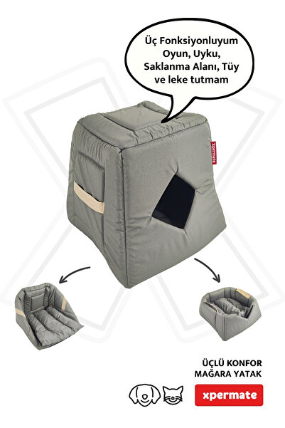 XPERMATE Kedi Evi Kedi Yuvası Küçük Irk Köpek Evi Kedi Mağara Kedi Yatağı Antrasit 3fonksıyonlu